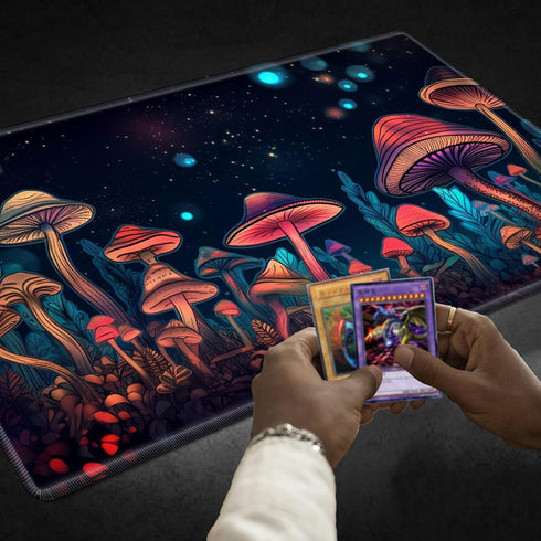 TCG Playmat Board Game Mat Plus 50 Pcs Card Sleeves, 24 x 14 Table Mats Neon Mushroom Game Mousepad with Soft Surface Non-slip Base for MTG RPG CC...