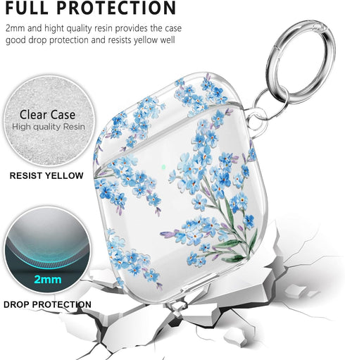 Protective Clear Floral Case Cover with Cleaner Kit Portable Shockproof Women Girls with Keychain for Apple Airpods 2/1 Charging Case - Clear/Blue...