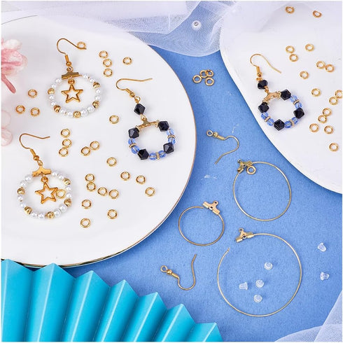 640pcs Gold Earring Beading Hoops Beading Hoop Earring Supplies Golden Brass Round Circle Beaded Kits Findings Ear Nuts Components for Jewelry Mak...