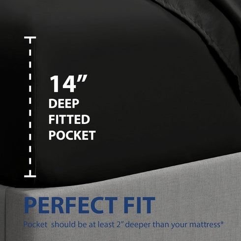 Cathay Home Luxury Wrinkle And Fade Resistant Double Brushed Ultra Soft Microfiber 14-inch Standard Pocket Single Fitted Sheet, Black, Full...
