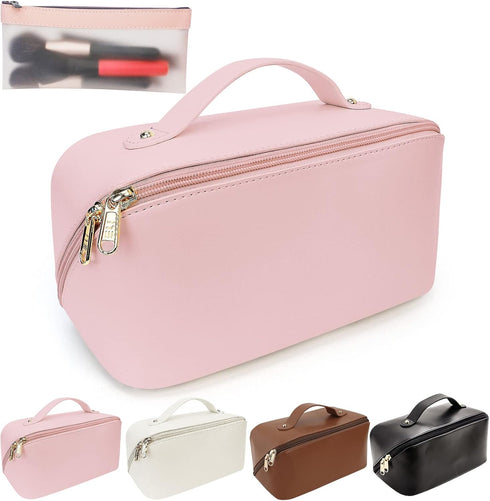 Ranslen Large Capacity PU Leather Travel Makeup Bag, Opening Cosmetic Bags, Waterproof Portable Toiletry Bag with Dividers and Handle, Valentine's...