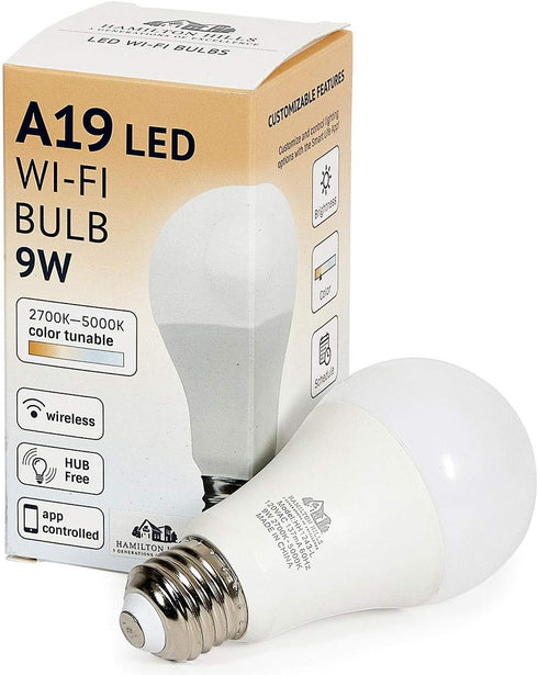 Hamilton Hills LED Smart Bulb - Smart Home Certified Standard Universal A19 E26 Dimmable Lightbulb WiFi Enabled No Hub Required Color Tunable 2700...