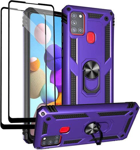 Androgate for Samsung Galaxy A21s Case with Tempered Glass Screen Protectors, Military-Grade Metal Ring Kickstand 15ft Drop Tested Shockproof Cove...
