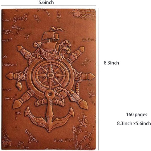 Vintage PU Leather 3D Relief Nautical Notebook - 160 Pages A5 8.3x5.6 inches - Diary and Writing Journal,for Women Men (Brown)...