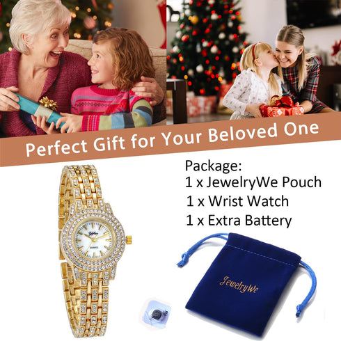 JewelryWe Women Watches Gold Tone Alloy Rhinestone Quartz Watch Stylish Bling Dress Watch Wristwatches for Valentine’s Day...