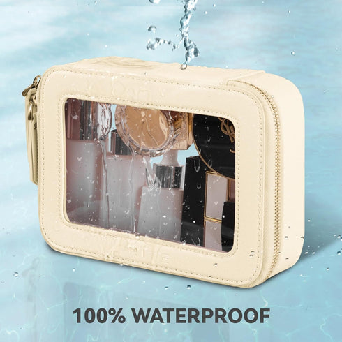 Clear Makeup Bag Cosmetic Organizer Case Waterproof Travel Toiletry Bag Skincare Pouch with Golden Zipper(Beige)...