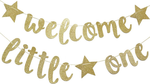 Welcome Little One Glitter Banner, Pre-strung Baby Shower Banner, Gender Reveal Party Decor (Gold)...