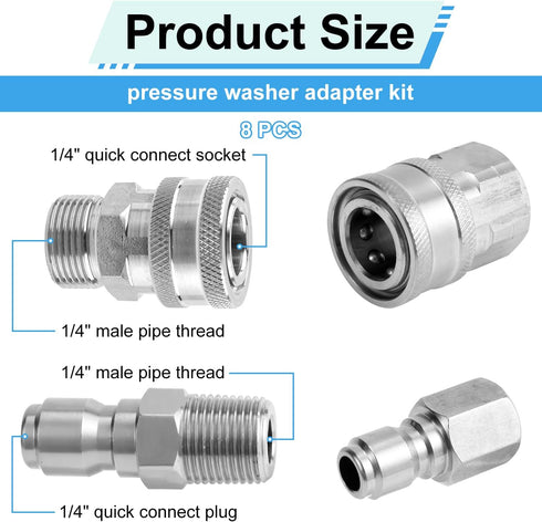 8pcs Pressure Washer Fast Connect, 1/4in Pressure Washer Adapter Set Male & Female Thread Pressure Washer Couplers Fittings Stainless Steel Power ...
