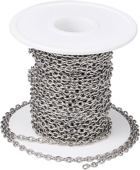KISSITTY 32.8 Feet/ 10 Meters Hypoallergenic Stainless Steel Unwelded Cross Chains 4x3x0.8mm Oval Link Cable Necklace Chains with Spool for DIY Je...
