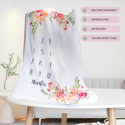 Baby Monthly Milestone Blanket for Boy Girl Soft Floral Memory Blanket Newborn Growth Chart Milestone Blanket Cute Photo Background Blanket with W...