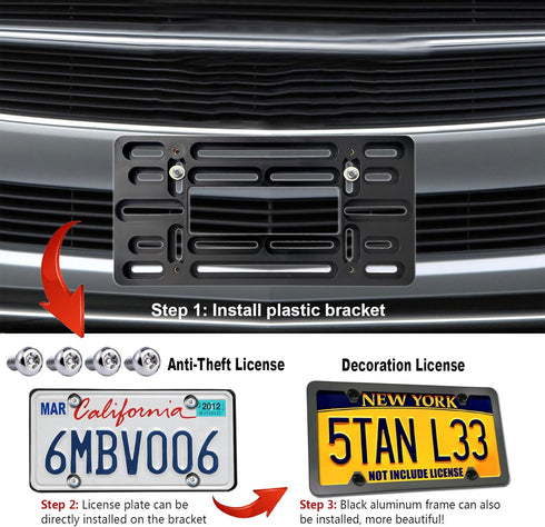 Aootf Front License Plate Bracket- Universal Bumper Mounting Kit, Car Tag Holder Adapter & Black Aluminum Plate Cover, Anti-Theft Lock Screw Bolt ...