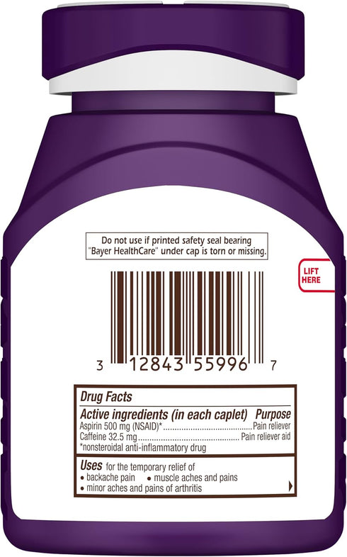 Bayer Extra Strength 500mg Aspirin Plus Caffeine for Powerful Pain Relief, 200 Coated Caplets...