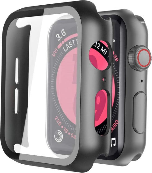 Black Hard Case Compatible with Apple Watch SE Series 6 Series 5 Series 4 44mm with Screen Protector, iwatch Ultra Thin HD Tempered Glass Screen P...