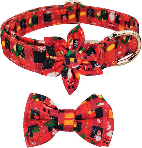 Christmas Dog Collar Bow Flower Tie Santa Stocking Pattern Dog Collar, Comfortable Adjustable Puppy Collars with Secure Metal Buckle for Small Med...