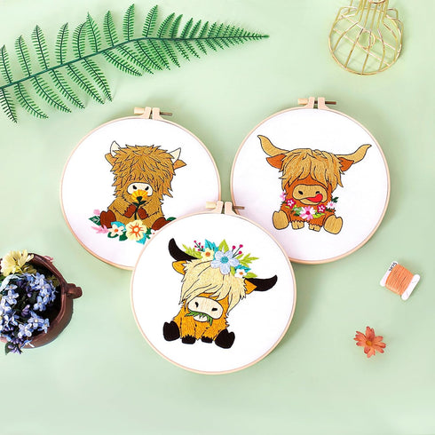 Louise Maelys 3 Sets Highland Cow Embroidery Kits for Beginners,Adults Starter Animal Pattern Cross Stitch Kit DIY Needlepoint Kits...