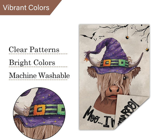 Louise Maelys Halloween Highland Cow Garden Flag 12x18 Double Sided, Burlap Small Welcome Boo Halloween Witch Hat House Flags Seasonal Holiday Out...