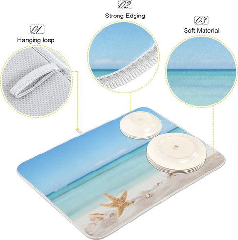 Summer Starfish Dish Drying Mats Seashells Beach Theme for Kitchen Counter Sink 16x18 in, Coastal Dish Draining Mat Baby Bottle Rack Drainer Mat D...