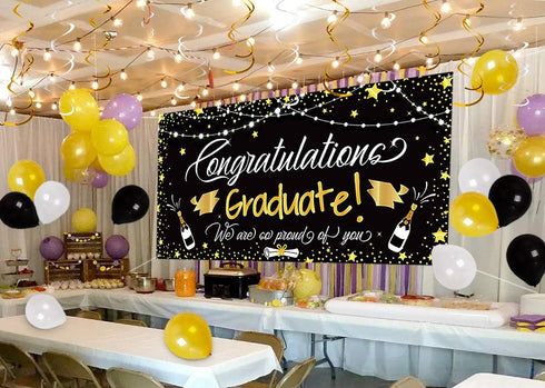 90shine Graduation Decorations Class of 2025 - Lighted Large Congrats Grad Banner Garland Photo Backdrop+Balloons+Hanging Swirls Party Supplies (2...