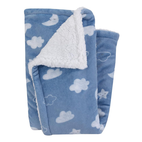 Carter's Blue Elephant - Chambray, and White Clouds, Moon and Stars Super Soft Sherpa Baby Blanket...