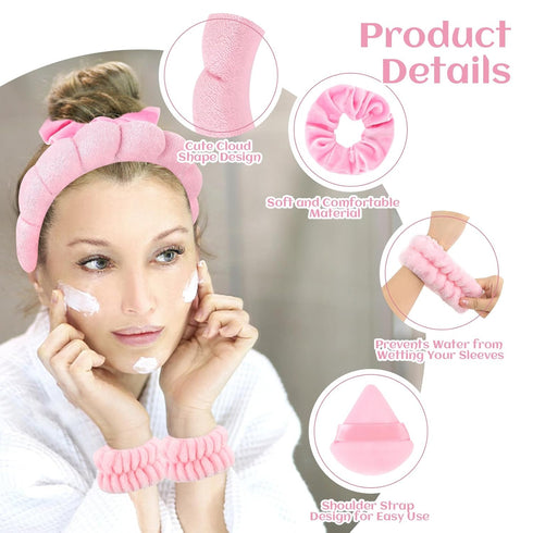 7Pcs Puffy Spa Headband and Wristband Set Skincare Headband for Washing Face Scrunchies Powder Puffs Sponge Spa Makeup Headband Puffy Headband Ter...