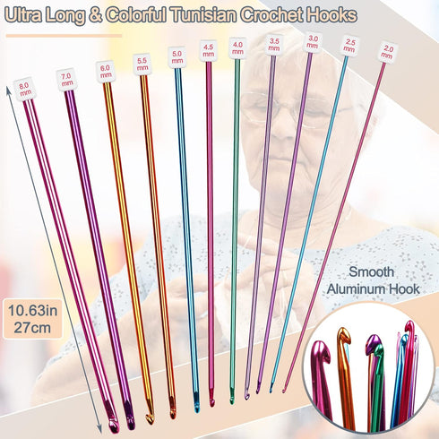 Coopay Long Crochet Hook Set, 11pcs Tunisian Multicolor Afghan Crochet Needles for Crocheting, 2mm(B)-8mm(L), Great Knitting & Crochet Supplies To...