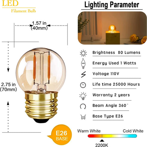 G40 Low Watt Light Bulb Edison LED Bulb Mini Globe Light Bulbs 1W Equivalent to 10Watt Incandescent E26 Screw Base Led Bulbs Ultra Warm White 2200...