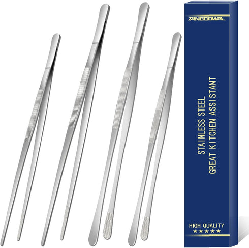 4 Pcs Cooking Tweezers Tongs, 12''&10'' Stainless Steel Food Tongs Set, Professional Kitchen Long Tongs for Cooking,Repairing,Sea food,BBQ,Multi-u...
