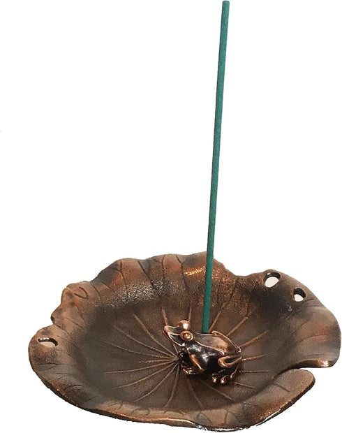 Red Copper Bronze Antique Style Lotus Flower Lily Pad Ash Catcher Incense Burner Holder Plate Zen Buddha Buddhist Meditation Decor w/Mini Lucky Fr...