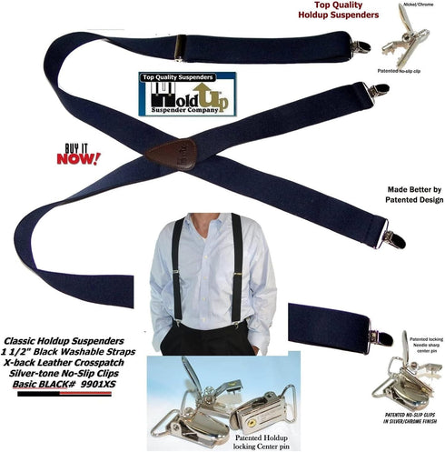 1 1/2" Wide Classic Series Holdups Suspenders for Men in X-back style w/USA Patented No-slip® Silver Clips...