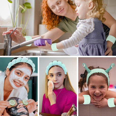 6Pcs Green Spa Headbands and Wrist Washbands Set, Skincare Headbands Snail Face Wash Headband Makeup Headband, Terry Cloth Headbands Face Towel Wr...