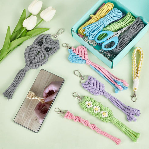 ACRNIGHEET 8PCS DIY Wristlet Keychain Kit for Adult Beginners Macrame Keychain Starter Kit with Tassels Boho Macrame Keychain Making Kit for Begin...