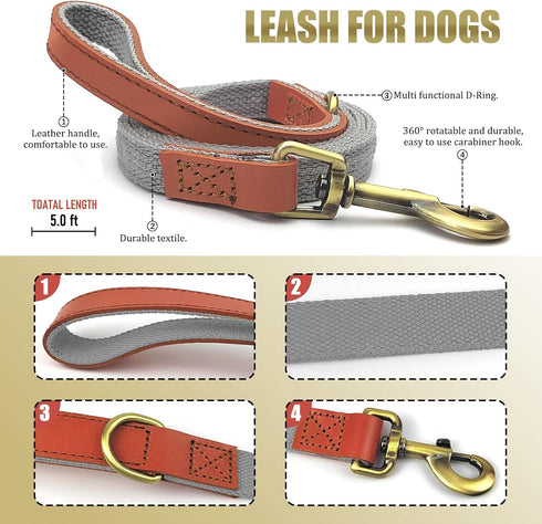 QRDA Dog Collar and Leash Set Silver Gray Adjustable Durable Nylon Pet Collars with Leashes Tactical Dog Leash Breakaway Dog Collar for Small/Medi...