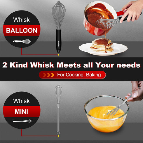 Walfos Whisk, Silicone Whisks Set of 5, Mini Stainless Steel Whisk 7in+5in and Non Scratch Coated 7+9+11in Whisks, Suitable for Blending, Whisking...
