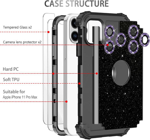LONTECT for iPhone 11 Pro Max Case Glitter Sparkly Bling 3 in 1 Shockproof Heavy Duty Full Body Sturdy Protective Case for Apple iPhone 11 Pro Max...