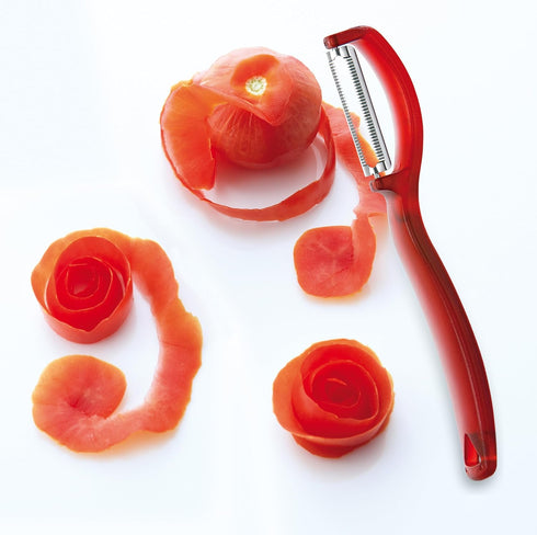 triangle Swivel Peeler, Red - Stainless Steel Serrated Twin Blade - Peels Soft, Delicate Fruits & Vegetables - Lightweight Handle - Dishwasher Saf...