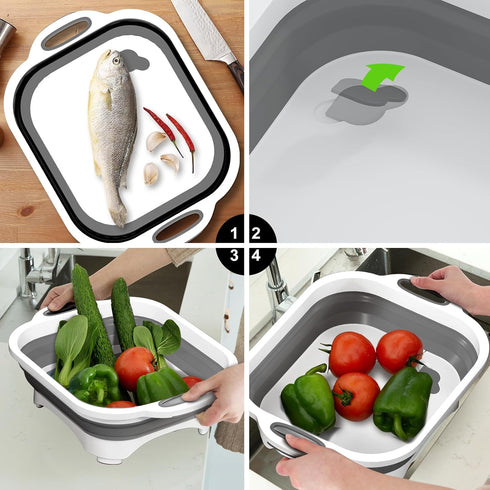 Collapsible Cutting Board,HI NINGER Camping cutting board with knife,Multifunctional Kitchen Vegetable Washing Basket Silicone Dish Tub for Campin...