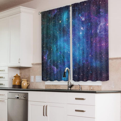 Cinbloo Galaxy Kitchen Curtains Out Space Wall Art Rod Pocket 27.5W x 39L Inch Blue Nebula Universe Room Decor Starry Star Fantasy Night Sky Print...