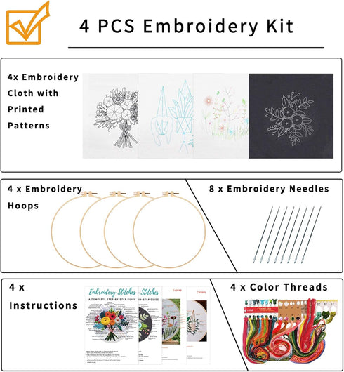 Nuberlic 4 Pack Embroidery Kit for Beginners Cross Stitch Kits Needlepoint Kits for Adults, Include 4 Embroidery Hoops, 4 Embroidery Cloth with Pa...
