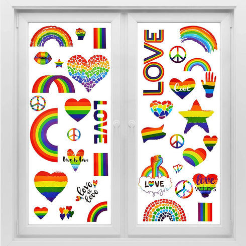 Outus 18 Pieces Gay Pride Rainbow Window Clings Rainbow Heart Sticker Love Word Homosexuality Love is Love Window Clings for Home Bedroom Bathroom...