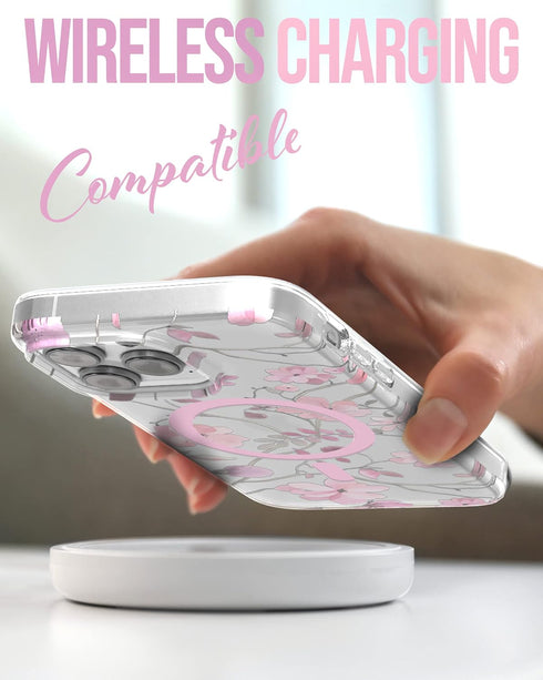ENCASED Magnetic Case Designed for iPhone 14 PRO with Screen Protector - Compatible with MagSafe Phone Accessories (Pink Flowers)...