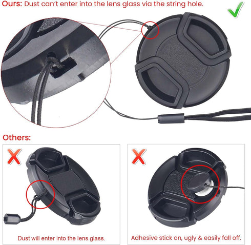 waka 3 Pack 55mm Center Pinch Lens Cap Cover with Tether for Nikon D3500 D3400 D5600 D7500 with AF-P 18-55mm f/3.5-5.6G VR Kit Lens & Other 55mm T...