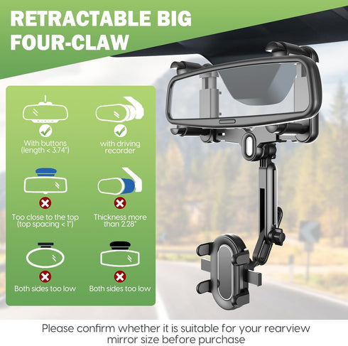 Rear View Mirror Phone Holder For Car - Multifunctional 360 Rotatable Car Rearview Mirror Phone Holder, With Retractable Curved Handle, Fixed At F...