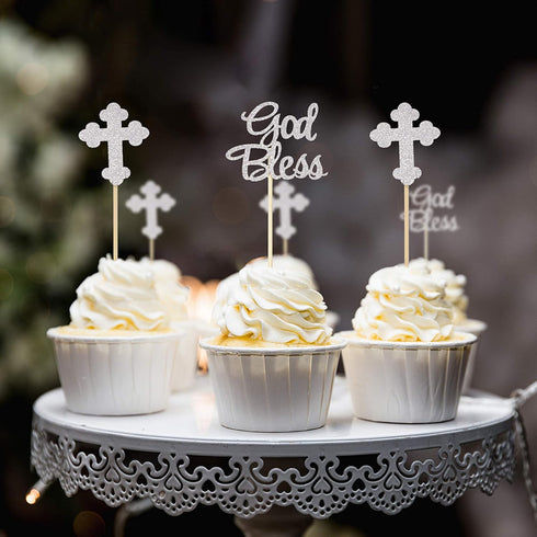 Ercadio Silver Glitter God Bless and Baptism Cupcake Toppers Cross Cupcake Picks Christian Party Decoration Supplies 24 PCS...