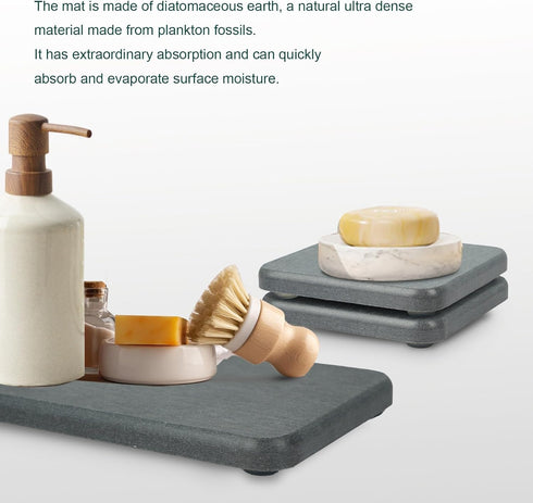 4-Set Water Absorbent Diatomite Earth Drying Mats - 2 Large & 2 Small Trays with Anti-Slip Pad, Sandpaper. Ideal for Kitchen Counter, Under Plants...