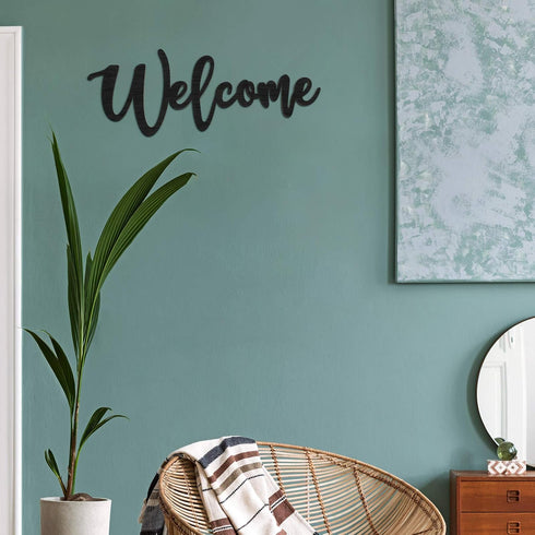 Jetec Wood Cutout Welcome Sign Welcome Wall Decor Word Wood Art Sign for Front Door Rustic Home Gallery Wall Decorations 15.7 x 6 Inches(Black)...