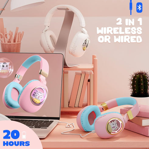 QearFun 7 Colors LED Light Up 3D Cat Headphones Bluetooth, Foldable Cat Ear Wireless On Ear Earphones Gaming Headset with Mic & 3.5mm Jack, Gifts ...