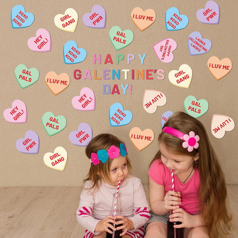 83 Pcs Galentines Day Conversation Heart Cutouts Bulletin Board Candy Hearts Cutouts Border Galentines Classroom Decorations for Galentine's Party...