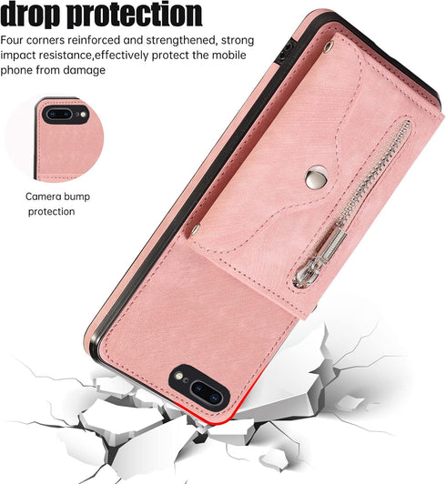 Phone Case for iPhone 7plus 8plus 7/8 Plus Wallet Cover with Wrist Crossbody Strap Lanyard Credit Card Holder Stand Leather Cell Accessories i Pho...