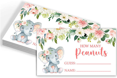 Yuzioey Pink Elephant Guess How Many Peanuts Baby Shower Game, 50 Cards and Matching Standing Sign, Girl Elephant Baby Shower Guessing Game...