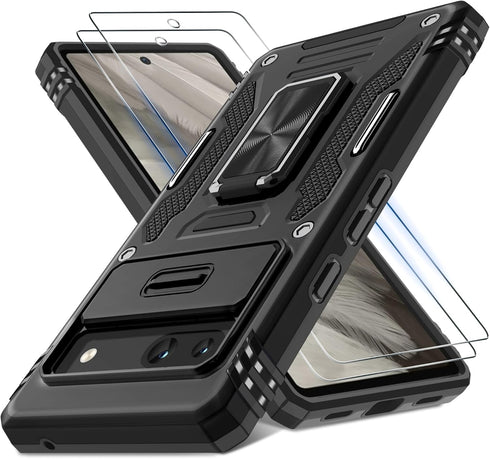 DEERLAMN Case for Google Pixel 7a with Slide Camera Cover+Screen Protector (2 Packs), Rotated Ring Kickstand Military Grade Shockproof Protective ...